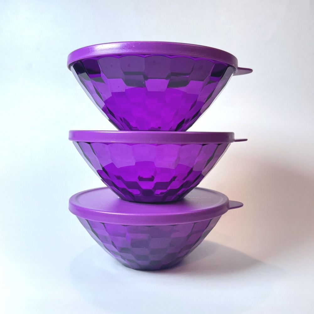 Tupperware Ice Prisms 500ml Purple Bowls Faceted Crystal Look Set of 3 with Lids